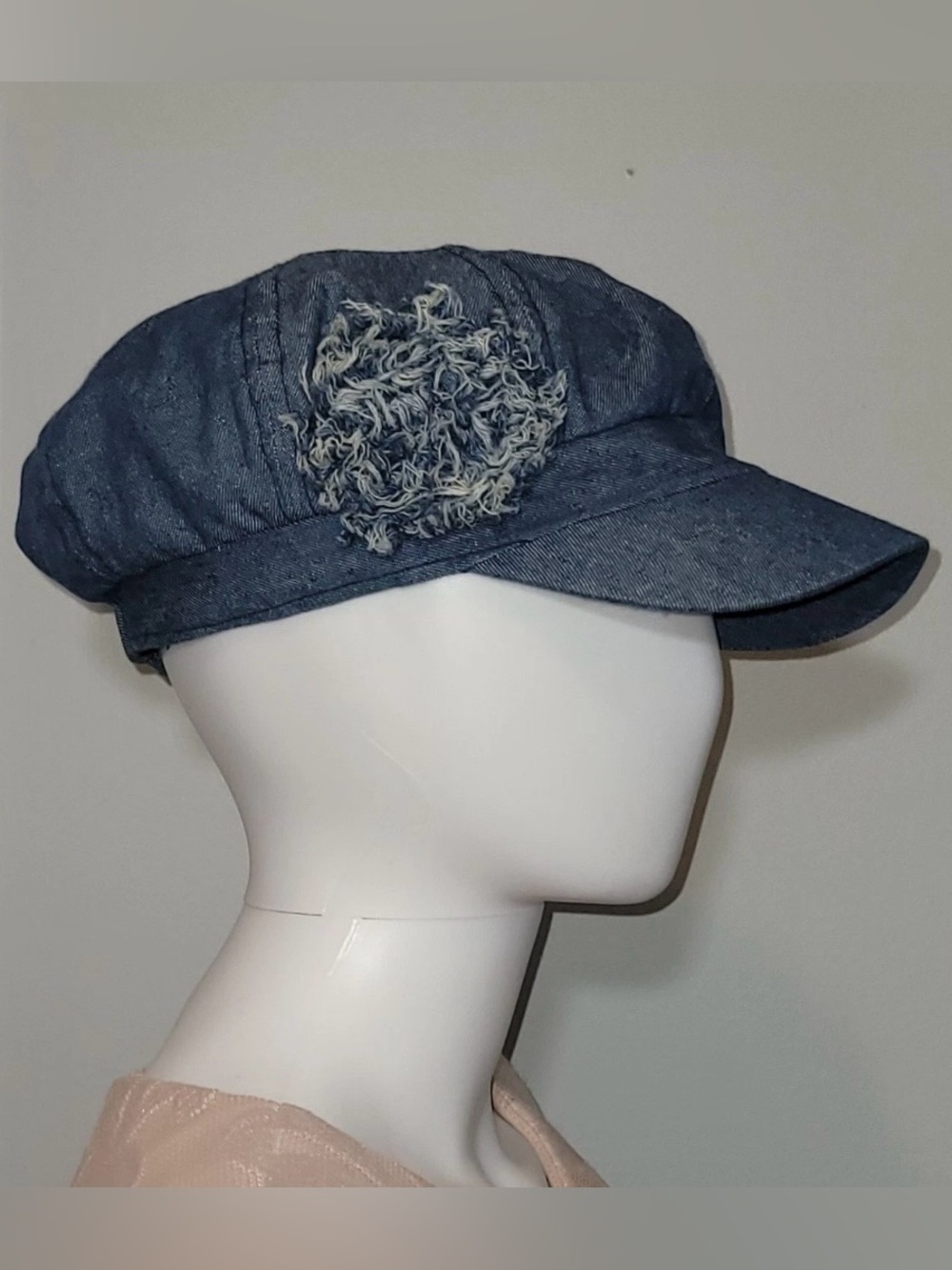 Women's Denim Newsboy Cap Distressed Flower Blue Cotton Elastic Back Hat Y2K - Picture 11 of 11